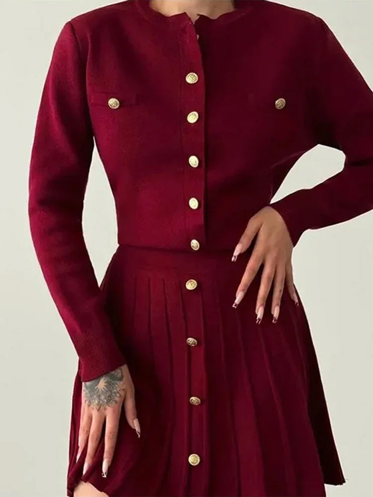 Elegant Button Coat Mini Skirt Women Set Slim Burgundy Red O-neck Single Breasted Top Skirts Sets 2025 Autumn New Lady Outfits