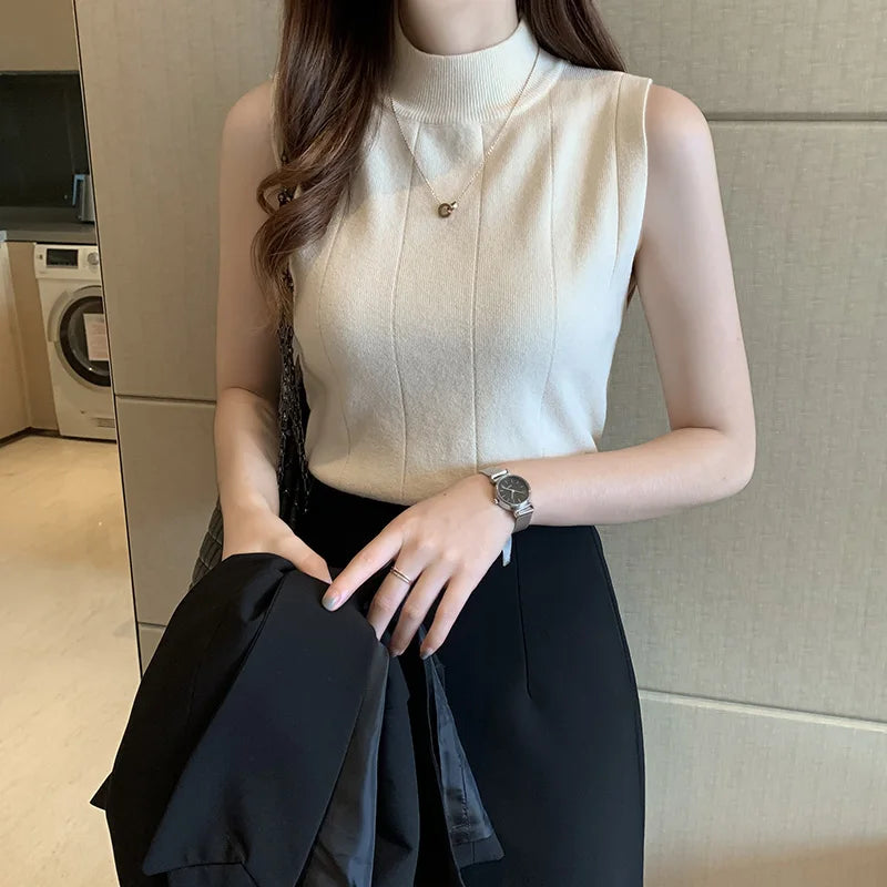 Women Knitted Solid Sweet Crop Tops O-neck Sleeveless Thin Tank Tops Basic Plain Tops Casual Tees For Women 2024 Summer