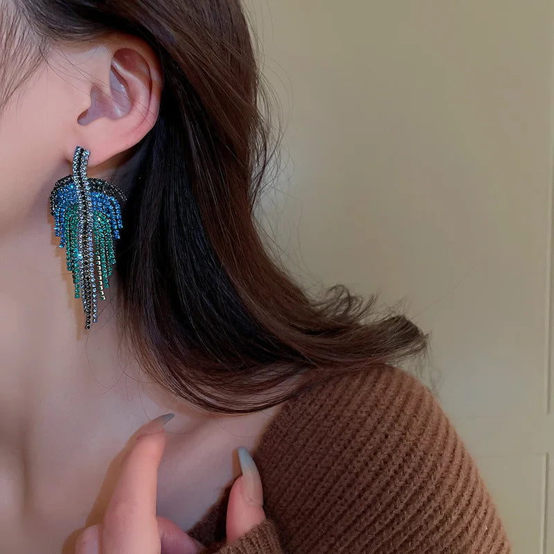 Full Rhinestone Long Tassel Earrings Women Blue Color Fashion Geometric Drop Earring