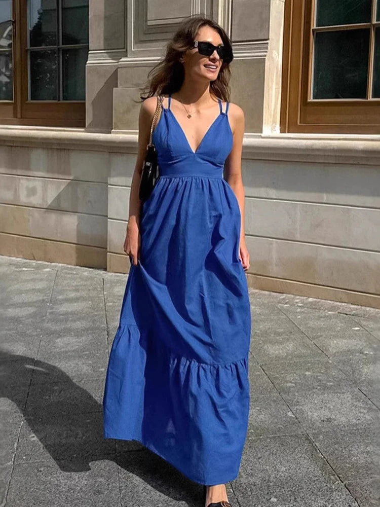 Blue V-neck Backless Suspender Midi Dress For Women