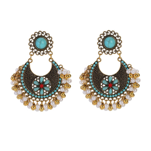 Boho Turquoises Flower Round Earring for Women Girl Retro Gold Color Beads Pearl Tassel Earrings Pendientes Female Boho Jewelry