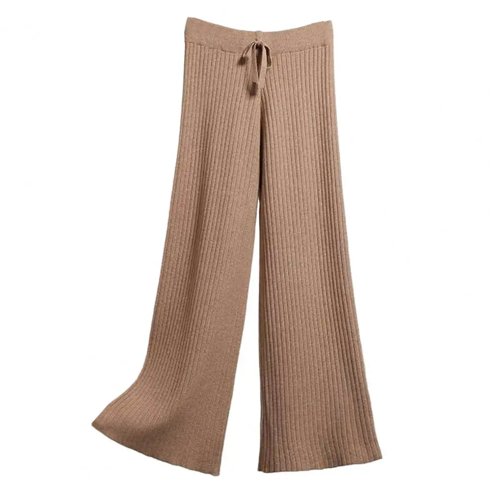 Women Wide-leg Knit Trousers Stylish Women's High Waist Drape Pants with Drawstring Ribbed Straight Wide Leg Design Solid Color