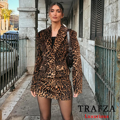 TRAFZA Vintage Women Leopard Print Suit Button Short Blazer Straight Mini Skirt Short Fashion 2025 Spring Office Wear Sets