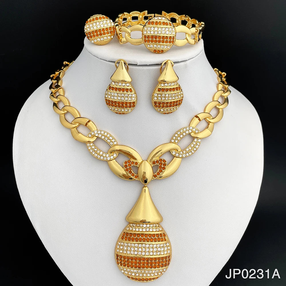 Dubai Gold Color Jewelry Sets Italy 18K Gold Plated Necklace Earrings Ring Bracelet Classic Design 4Pcs Set Party Jewelry