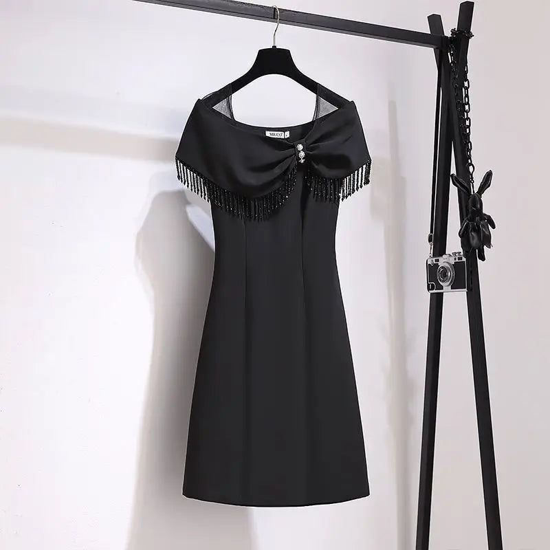 Summer New Elegant Fashion Oversized Tassel Waist Mini Robe Femme Short Sleeve Temperament Evening Party Dress Women Vestidos