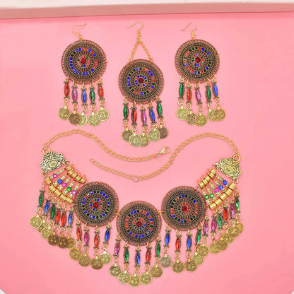 3pcs Indian Afghan Jewelry Sets Necklace Earrings Hairbands for Women Boho Ethnic Coins Tassels Colorful Crystal Drop Accessory