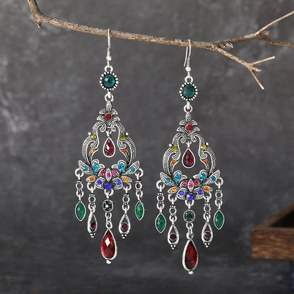 Vintage Ethnic Style Rhinestone Flower Shaped Water Drop Earrings for Women Elegant Long Texture Dangle Earring Female Jewelry