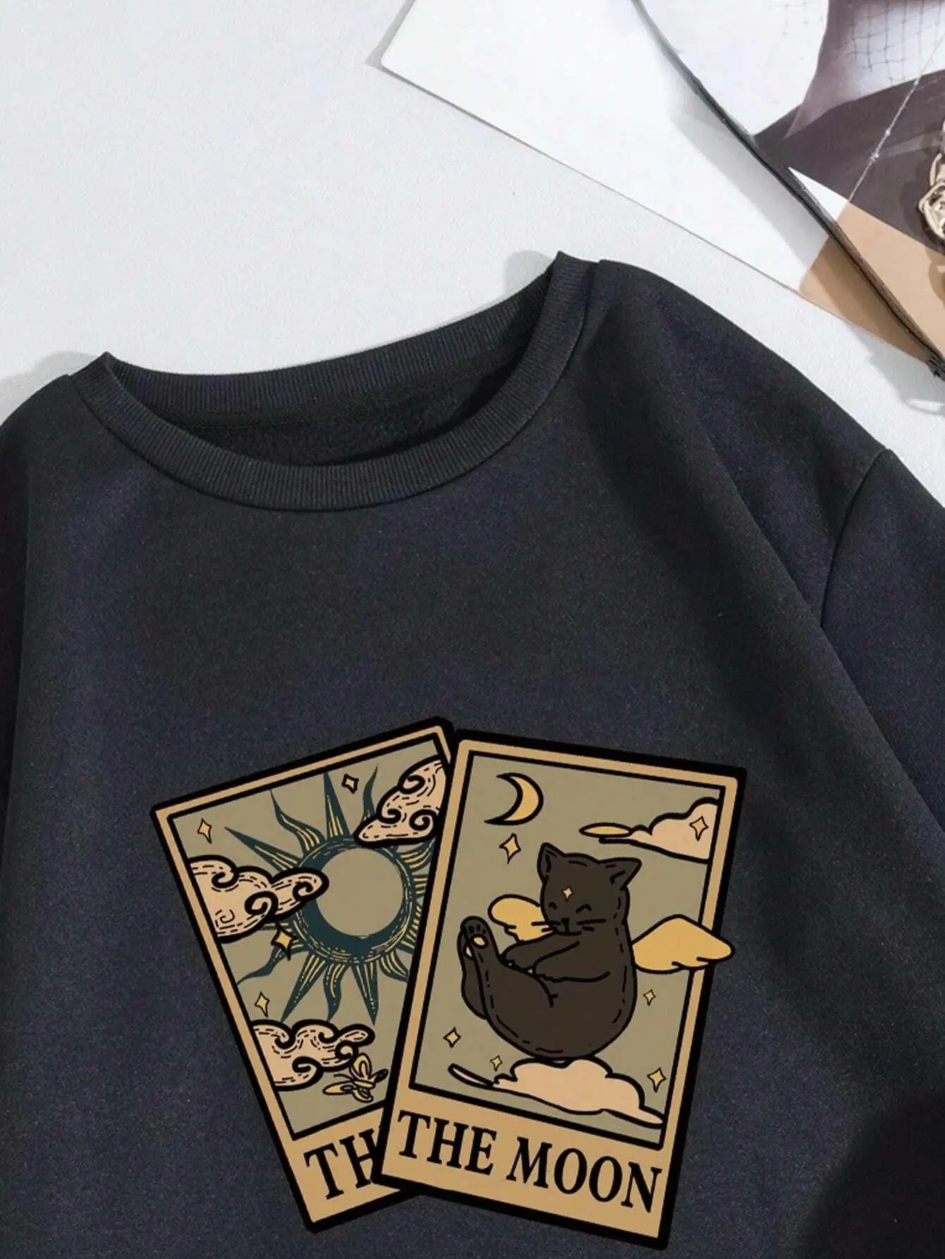 Casual Vintage Women Sweatshirts Tarot Bear & Moon Printed Hoodies Fleece Warm Pullover Street Crewneck Loose Female Clothes