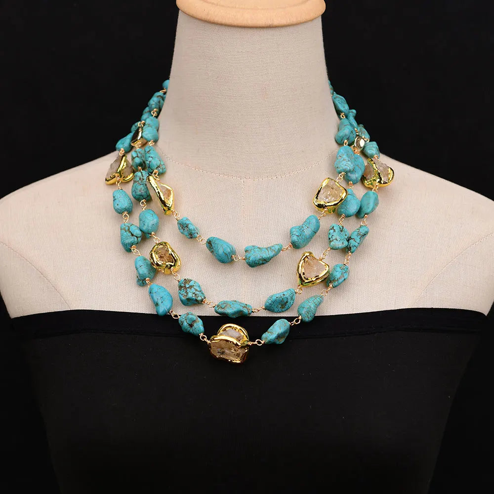 G-G 3 Rows Natural Stone Freedom Blue Turquoise Yellow Citrine Gold Plated Nugget Necklace