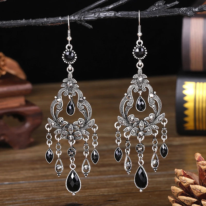 Vintage Ethnic Style Rhinestone Flower Shaped Water Drop Earrings for Women Elegant Long Texture Dangle Earring Female Jewelry