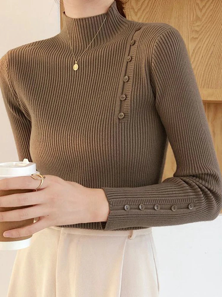 Women Knitted Sweater Long Sleeve Button Turtleneck Slim Pullovers for Autumn Winter Female Sweaters Soft Warm Bottoming Tops