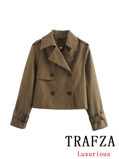 TRAFZA Vintage Casual Chic Women Jackets Solid Double Breasted Turn-down Collar Long Sleeve Short Coat Fashion 2024 Autumn Coat