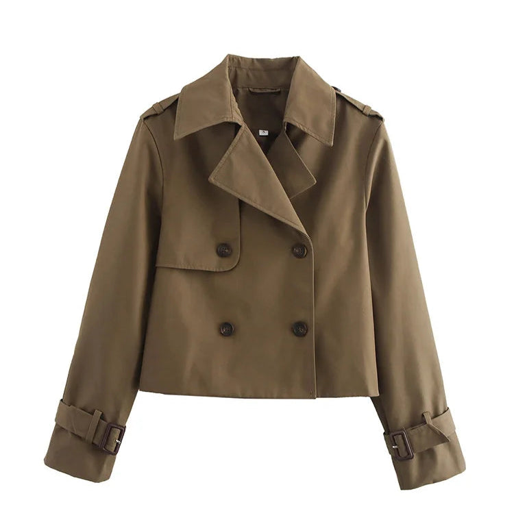 Women Vintage Casual Chic Solid Double Breasted Turn-down Collar Long Sleeve Short Coat  Jackets