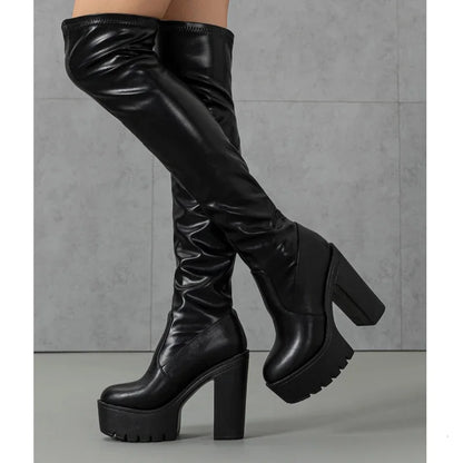 Winter Street Style Sexy Over The Knee Boots Women Fashion Round Toe Square Platform Heels Shoes Largas Booties