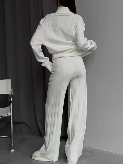 Autumn Winter 2 Pieces White Women's Sets Knitted Tracksuit Turtleneck Sweater and Straight Jogging Pant Suits 2023 New