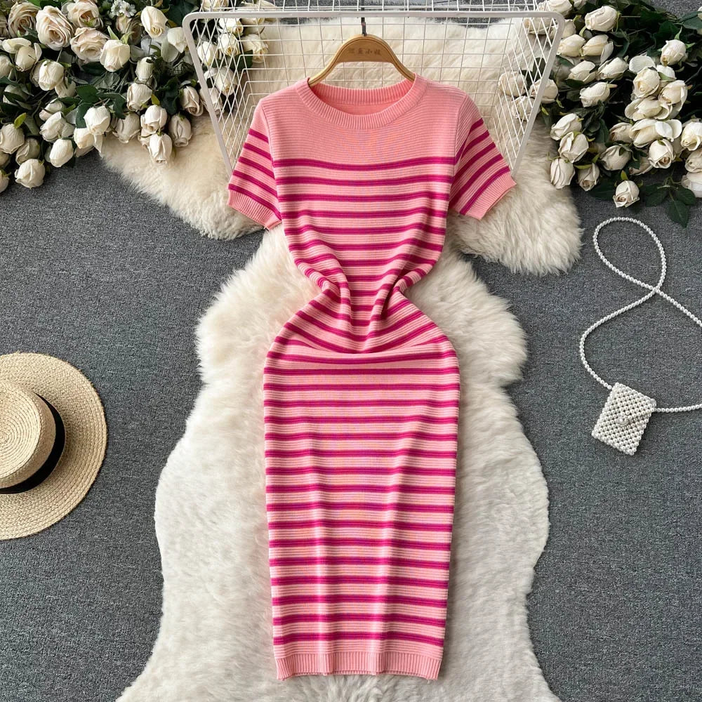 Summer Striped Beach Knitted Dress O Neck Short Sleeves Chic Hotsweet Slim Sundress Streetwear Y2K Bodycon Midi Dress