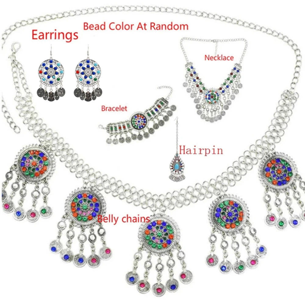 Gypsy Gold Color Coin Bracelet Choker Necklace Drop Earrings For Women Pakistan Ethnic Body Chain Afghan Dress India Jewelry Set