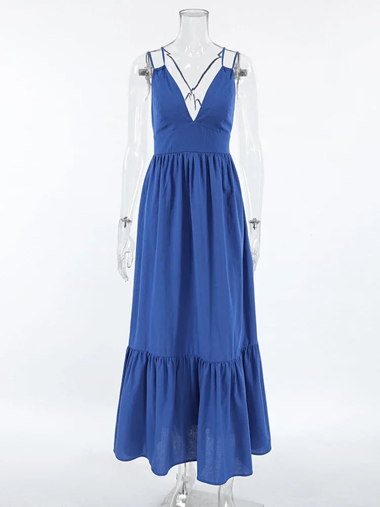 Blue V-neck Backless Suspender Midi Dress For Women