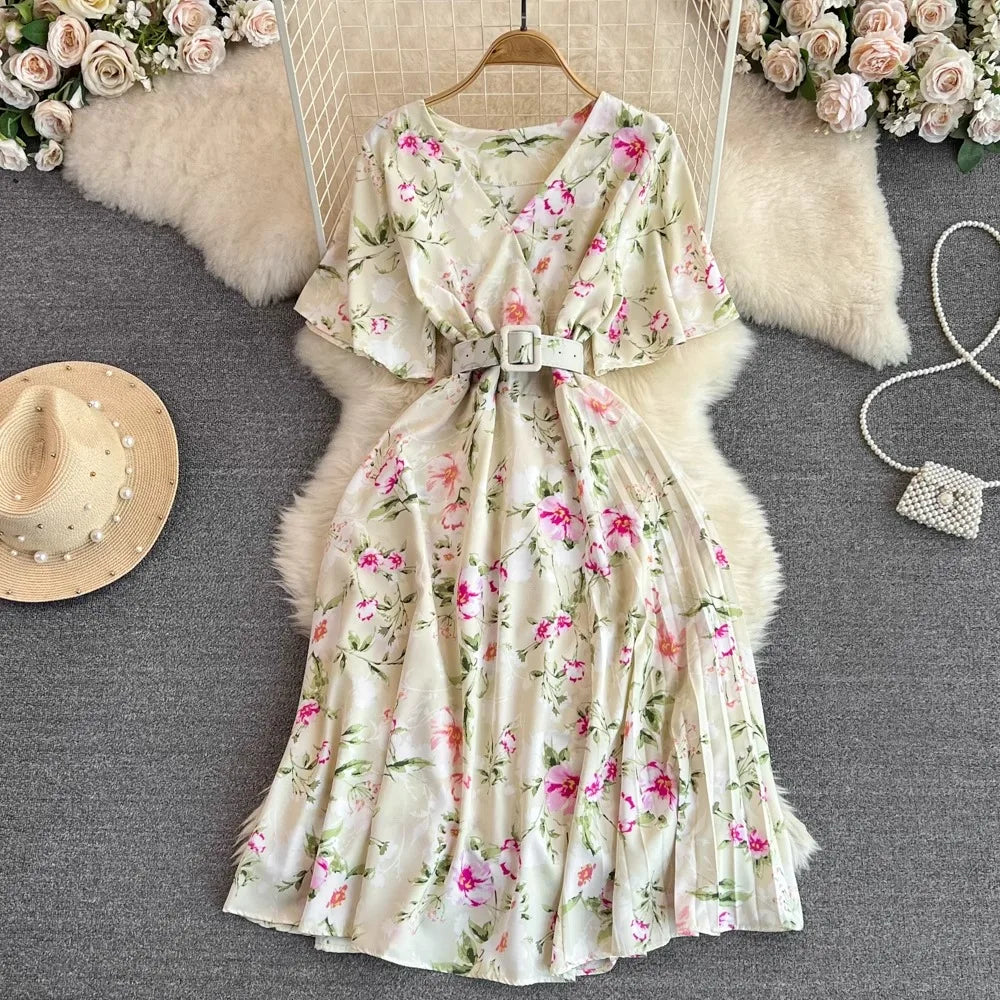 YuooMuoo Chic Fashion Floral Print Long Summer Dress 2025 New Arrival Elegant V-neck Party Dress with Belt Lady Outfits Vestidos