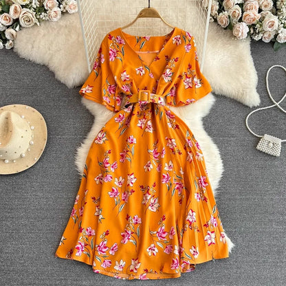 Floral Print V-Neck Long Party Dress with Belt Lady Outfits Vestidos