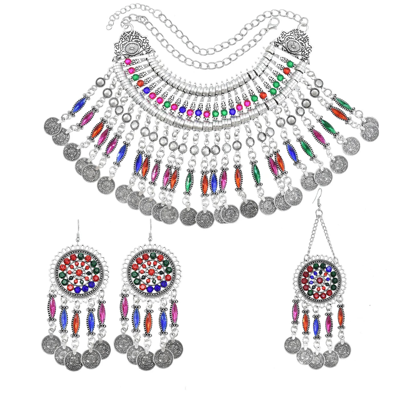 Colorful Crystal Bead Coin Ethnic Choker Necklace Drop Earrings Set For Women Retro Gypsy Afghan Traditional Dress Jewelry Sets