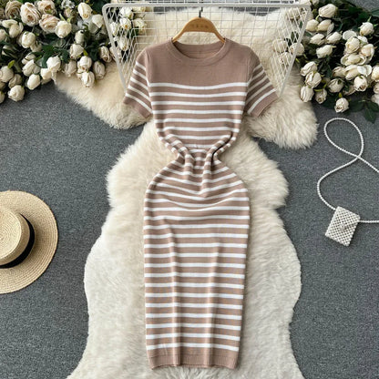 Summer Striped Beach Knitted Dress O Neck Short Sleeves Chic Hotsweet Slim Sundress Streetwear Y2K Bodycon Midi Dress