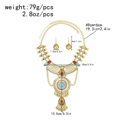 Retro Golden Afghan Gypsy Coin Statement Necklace Earrings for Women Colorful Acrylic Gemstone Pendant Ethnic Dress Jewelry Sets