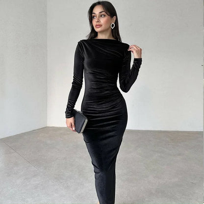 2025 Spring Solid Velvet Long Sleeve Midi Dress For Women Summer Ruched Long Dress Elegant Party Clothes Evening Green Outfits