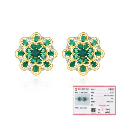 925 Sterling silver flower design natural green agate earrings Light luxury design for womens