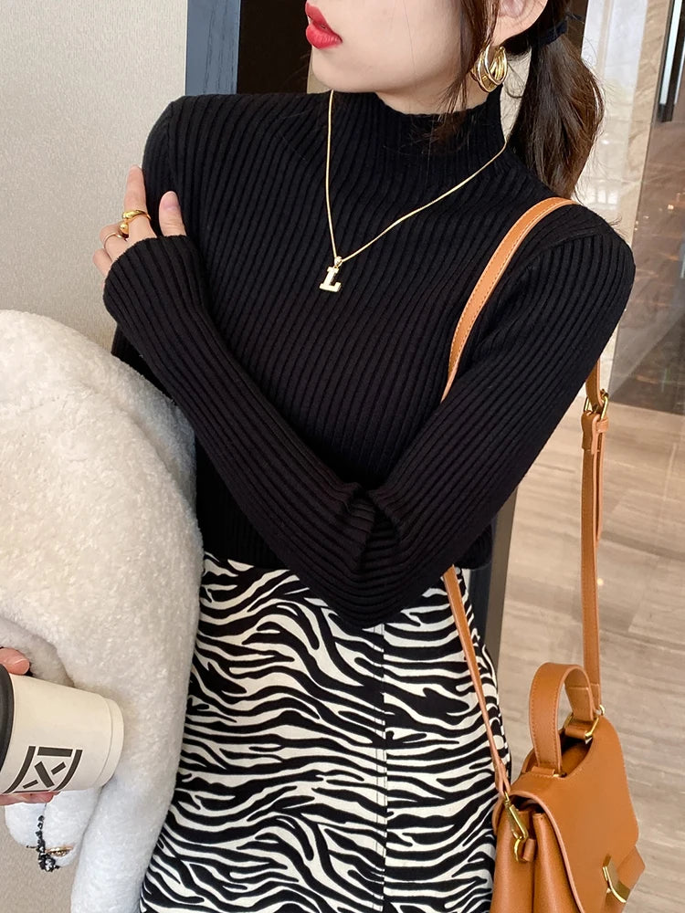 Elegant Solid Basic Knitted Tops Women Turtlneck Sweater Long Sleeve Casual Slim Pullover Korean Fashion Simple Chic Clothes