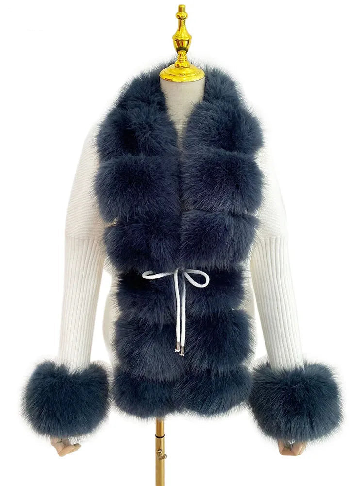 Luxury Fur Cardigan Knit Winter Sweater Women Elegant Detachable Fur Belt White Pink Black Womens Cardigan Korea Style