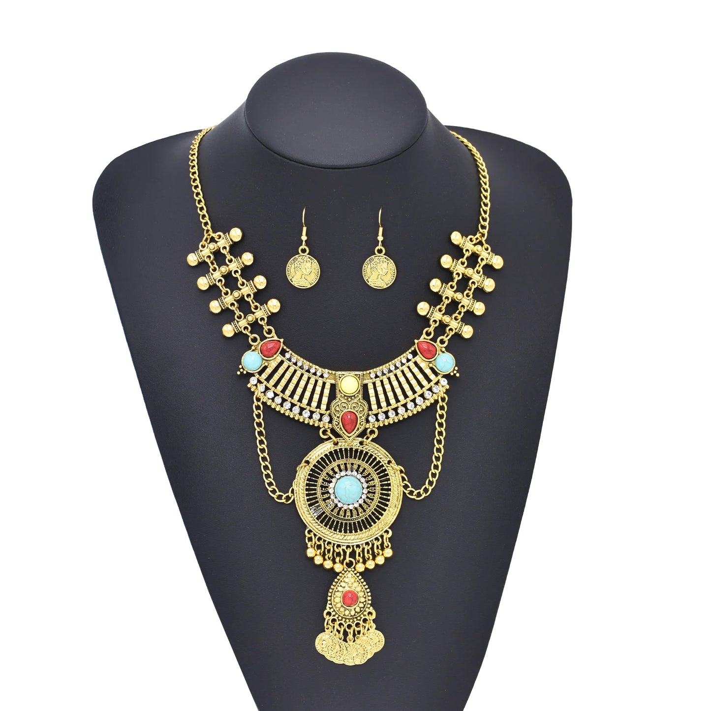 Retro Golden Afghan Gypsy Coin Statement Necklace Earrings for Women Colorful Acrylic Gemstone Pendant Ethnic Dress Jewelry Sets