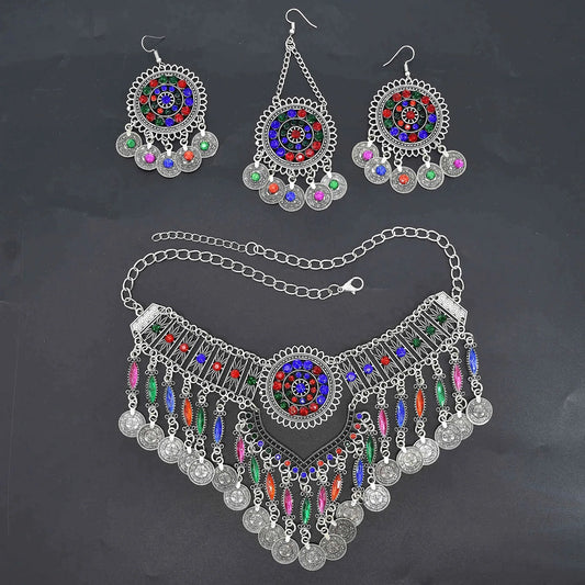 3pcs Indian Afghan Jewelry Sets Necklace Earrings Hairbands for Women Boho Ethnic Coins Tassels Colorful Crystal Drop Accessory