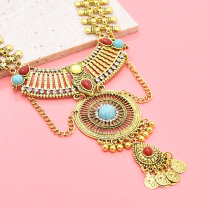 Retro Golden Afghan Gypsy Coin Statement Necklace Earrings for Women Colorful Acrylic Gemstone Pendant Ethnic Dress Jewelry Sets