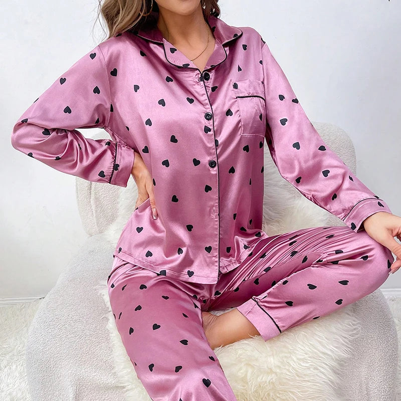 Women Silk Satin Pajamas set Long sleeve Shirt with Trouser Sleepwear Loungewear Female Pajamas Suits