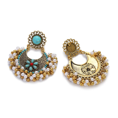 Boho Turquoises Flower Round Earring for Women Girl Retro Gold Color Beads Pearl Tassel Earrings Pendientes Female Boho Jewelry