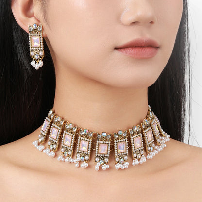 Luxury Blue Crystal Geometric Necklace Earrings Sets Bride Exquisite Zircon Pearl Tassel Necklace Women Wedding Banquet Jewelry