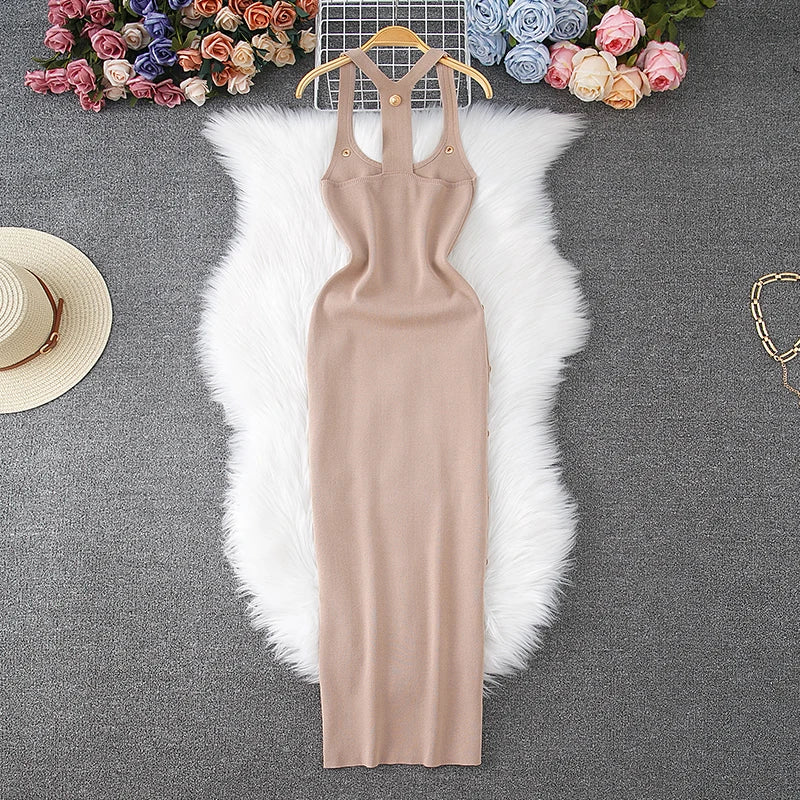 Summer Sexy Halter Sleeveless Buttoned Maxi Bodycon Dress