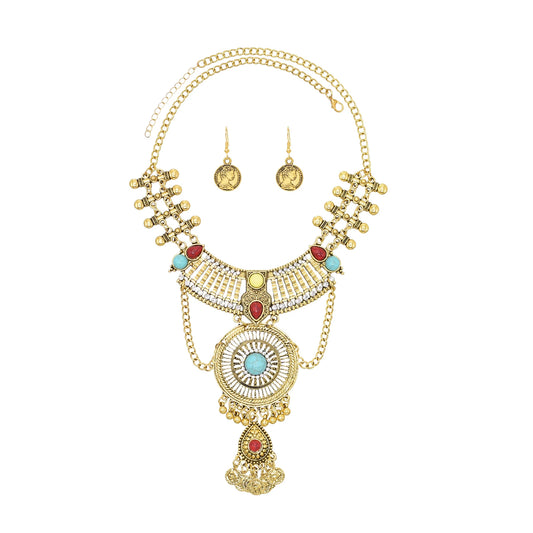 Retro Golden Afghan Gypsy Coin Statement Necklace Earrings for Women Colorful Acrylic Gemstone Pendant Ethnic Dress Jewelry Sets