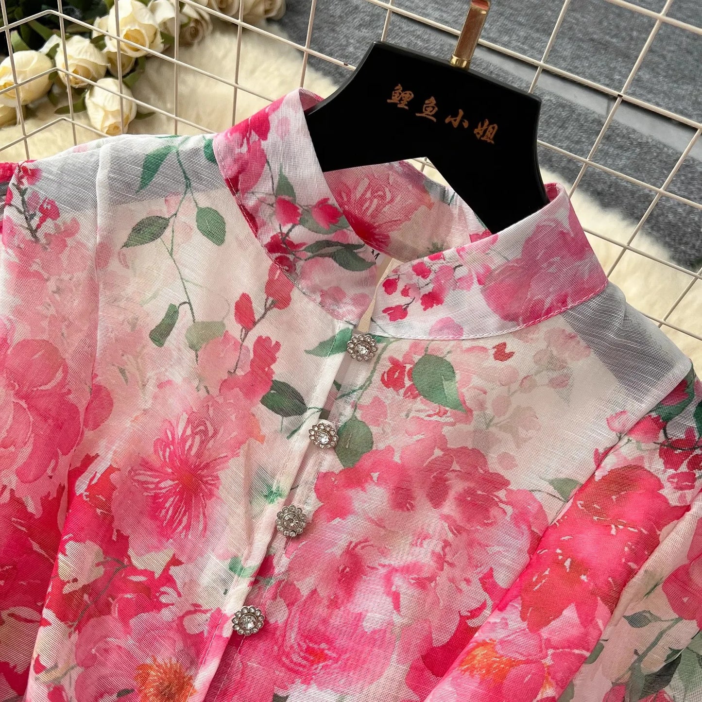 2025 Spring Holiday Gorgeous Flower Organza Dress Women Lantern Long Sleeve Beaded Button Floral Print Belt Lace Up Boho Vestido