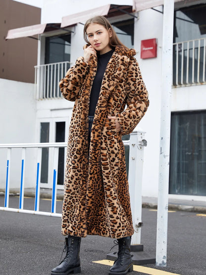 High Street Leopard Print Long Faux Fur Coat Fluffy Jacket for Women Winter Faux Rabbit Fur Trench Coat Plush Jackets