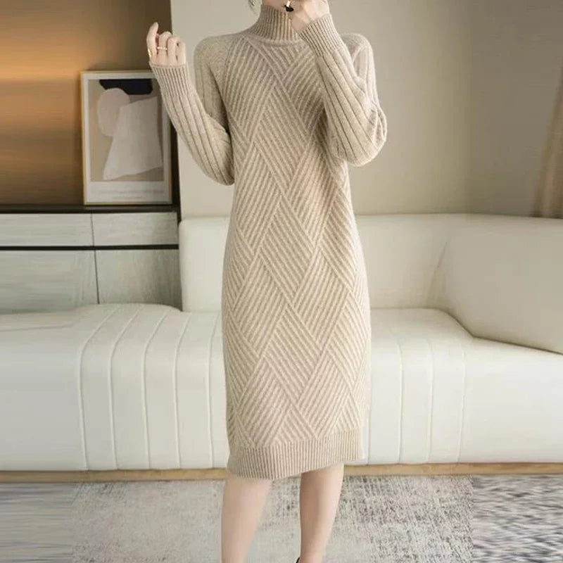 Women Mock Neck Ribbed Solid Knitted Cashmere Wool Sweater Dresses