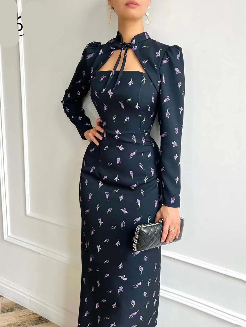 Black Print  Stand Neck Long Sleeve Lace-Up Dresses Casual Straight Ankle-Length Dresses