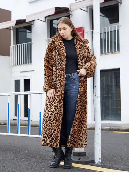 High Street Leopard Print Long Faux Fur Coat Fluffy Jacket for Women Winter Faux Rabbit Fur Trench Coat Plush Jackets