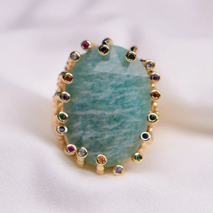 G-G Big Stone Natural Green Amazonite Gold Plated Finger Rings