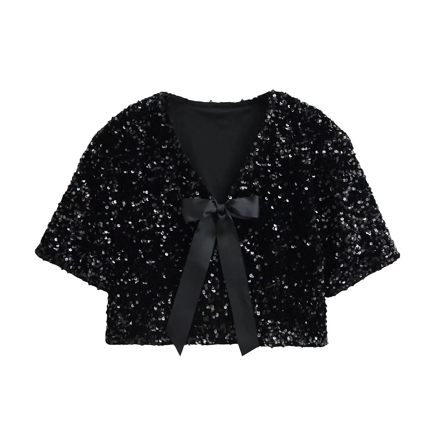 TRAFZA Sexy Chic Women Party Jackets Solid Sequin Long Sleeve V-Neck Bow Short Coat Fashion 2025 Spring Summer Shiny Outwears