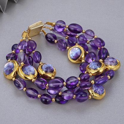 GuaiGuai Jewelry 4Rows Natural Purple Amethysts Rough With Electroplated Edge Purple Murano Glass Bracelet 8" For Women