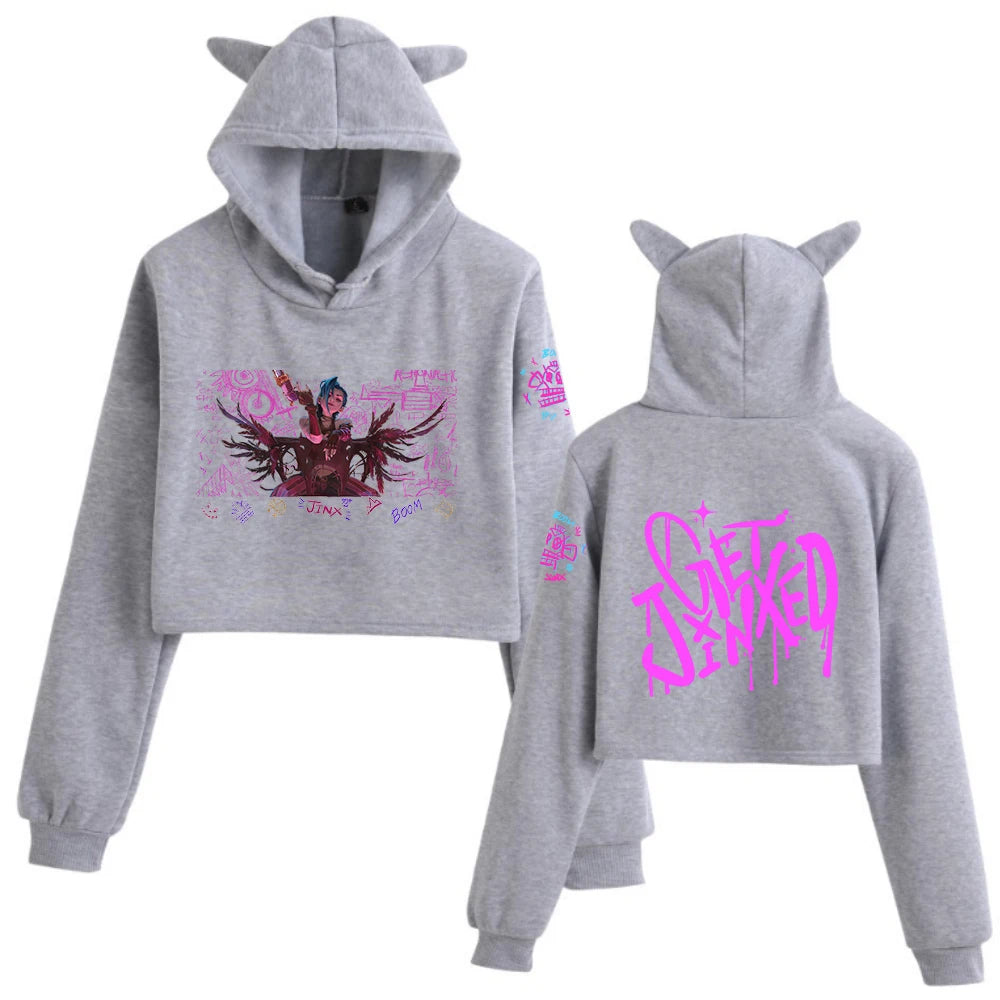 Jinx Arcane Graffiti Art Cat Ears Long Sleeve Crop Tops Girls Fashion Hoodie