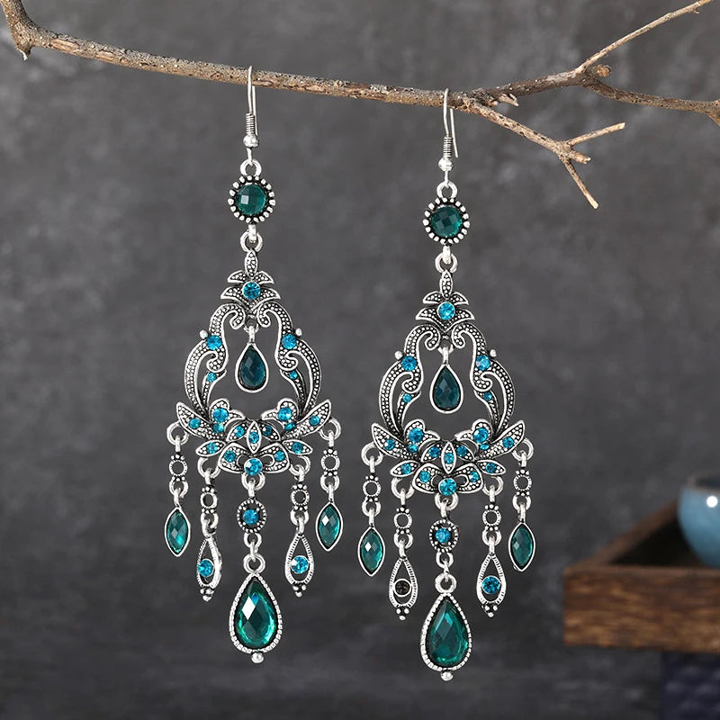 Vintage Ethnic Style Rhinestone Flower Shaped Water Drop Earrings for Women Elegant Long Texture Dangle Earring Female Jewelry