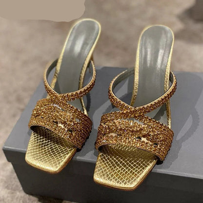 Bling Bling Rhinestone High Heels Slippers Women's Square Toe Thin Heels Lazy Sandals Summer Fashion Party Dress Shoes 2025